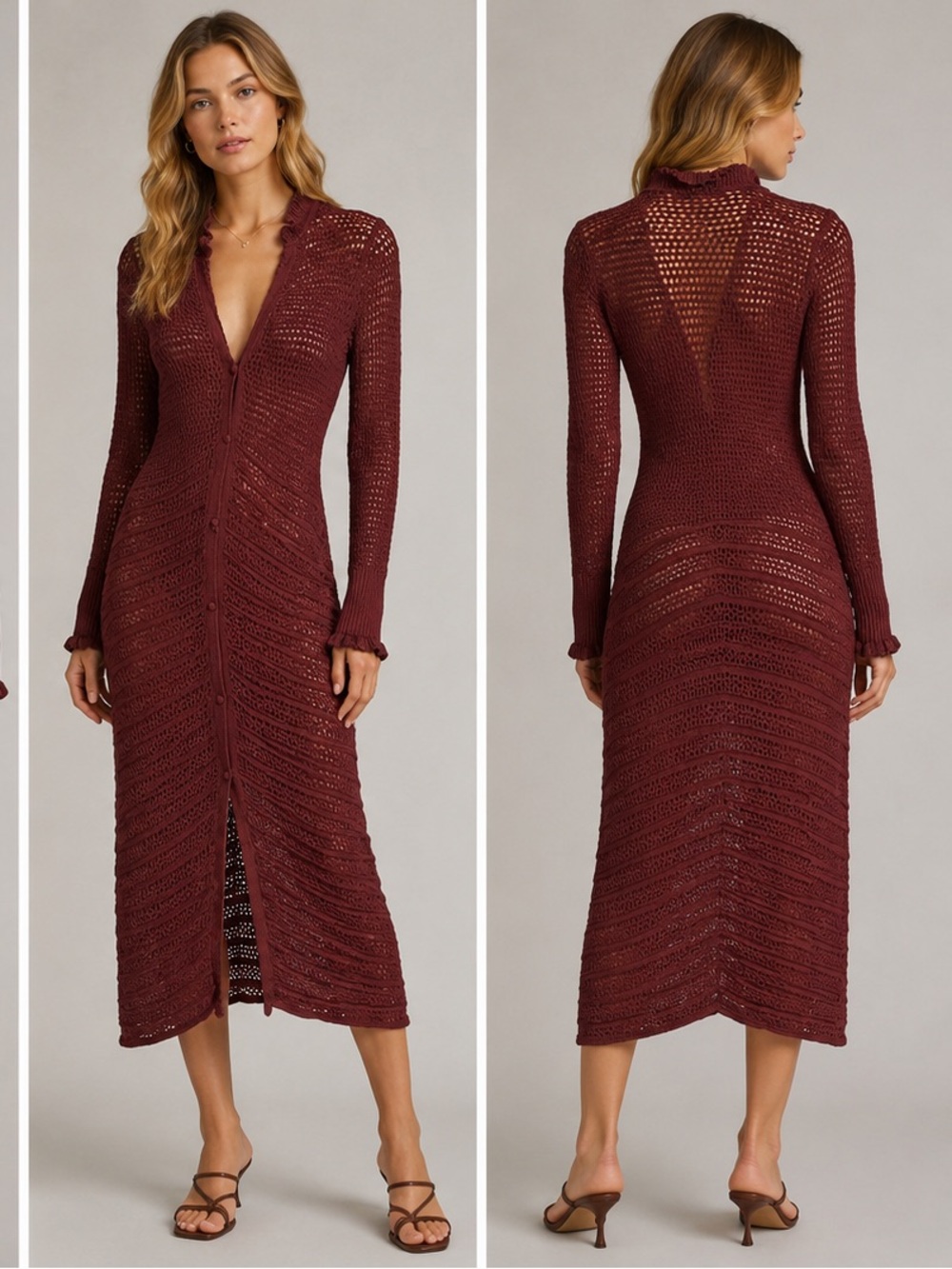 Joie Torrens Brick Red Open Knit Crochet Ruffle Cardigan Sweater Dress XS